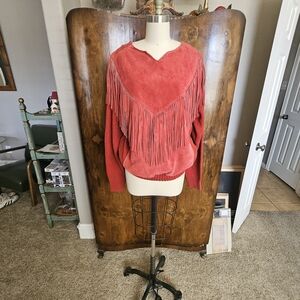 Vintage Rare PIONEER Red V-Neck Sweater with Suede Fringe